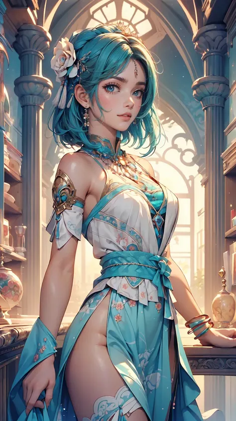 (masterpiece, highest quality, highest quality, Official Art, Beauty and aesthetics: 1.2), (One girl: 1.3), (Fractal Art: 1.3), Bright aqua blue eyes, Medium length hair with tassels, Nude midpart