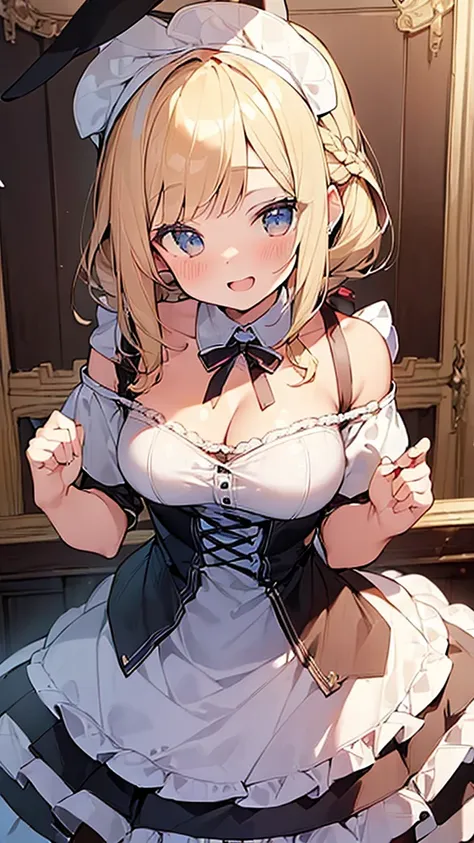 (Masterpiece, Top quality: 1.5), (French maid:1.4),(off shoulder:1.3) ,rabbit ears:1.2, 1 beautiful girl, solo, blond hair, Braided hair, medium hair, wave hair, (junior high school student:1.2), big breasts, cleavage, standard weight, smile:1.2, blush:1.4...