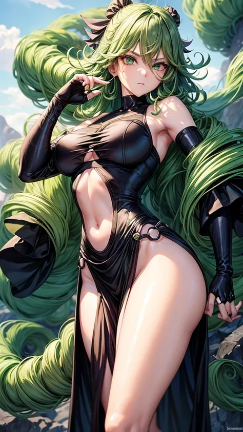 Masterpiece, Best Quality, anime girl with green curly hair wearing black outfit, fingerless gloves, pelvic curtain, tatsumaki from one punch man, tatsumaki, detailed face, detailed eyes, detailed body