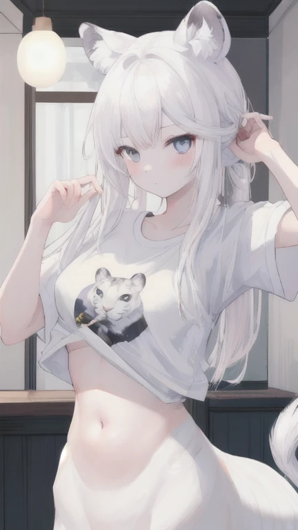 (best quality, masterpiece), 1 girl, centaur, It takes, White skin ,belly button t-shirt, 아름다운 소녀 perfect white tiger photo, perfect white tiger photo