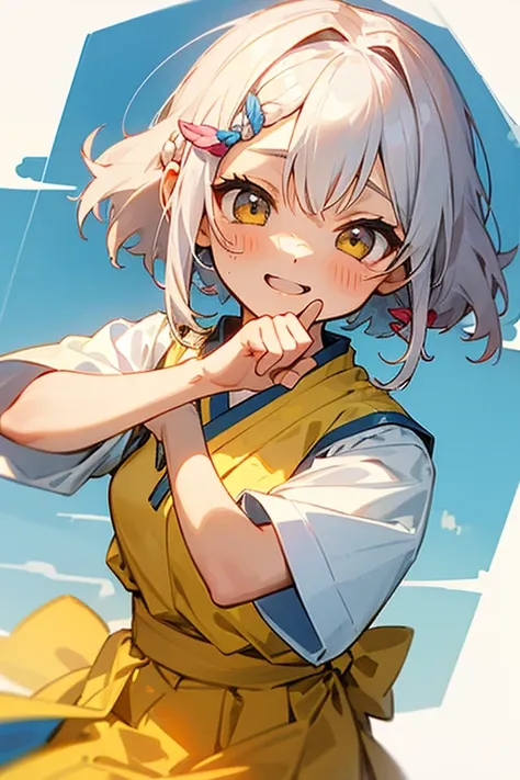 Short white hair, blush, 、Headbang 2.、、Braiding、2 hair clips、Tie your hair up、Yellow and blue clothes、Okinawan style、The image of the face remains the same、Iyyah sasar、Okinawa Costume、Dance happily、