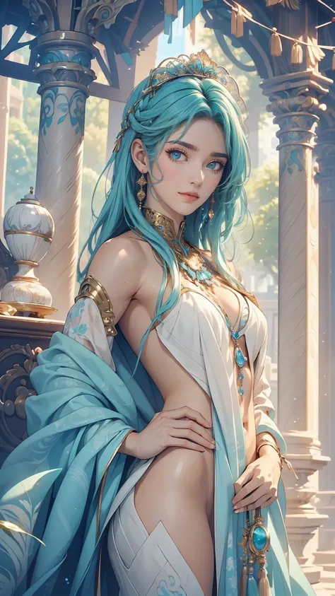 (masterpiece, highest quality, highest quality, Official Art, Beauty and aesthetics: 1.2), (One girl: 1.3), (Fractal Art: 1.3), Bright aqua blue eyes, Medium length hair with tassels, Nude midpart