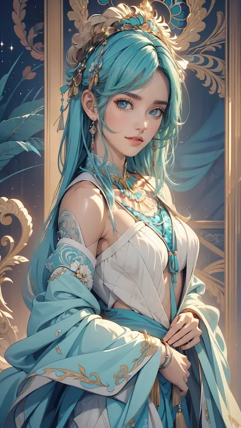 (masterpiece, highest quality, highest quality, Official Art, Beauty and aesthetics: 1.2), (One girl: 1.3), (Fractal Art: 1.3), Bright aqua blue eyes, Medium length hair with tassels, Nude midpart