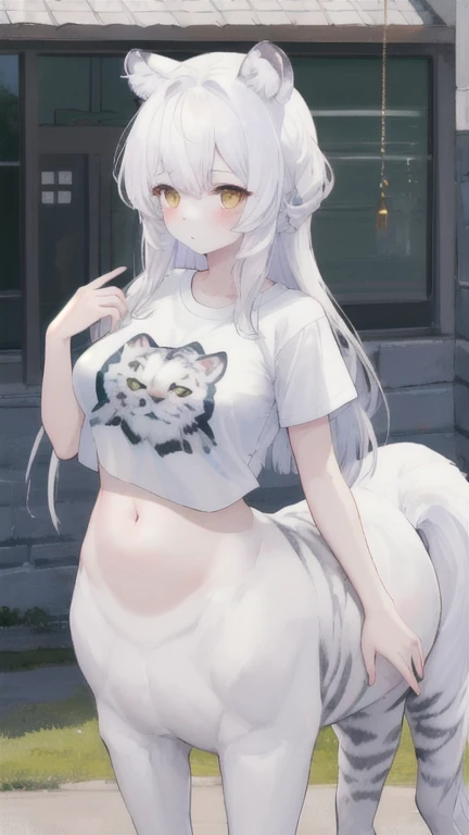 (best quality, masterpiece), 1 girl, centaur, It takes, White skin ,belly button t-shirt, 아름다운 소녀 perfect white tiger photo, perfect white tiger photo