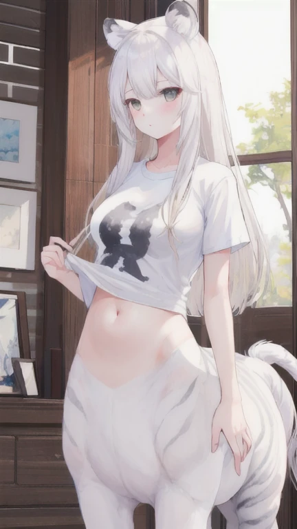 (best quality, masterpiece), 1 girl, centaur, It takes, Undressed ,belly button t-shirt, 아름다운 소녀 perfect white tiger photo, perfect white tiger photo