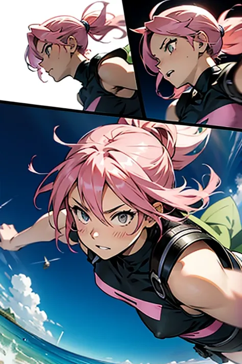 Anime girl thats insane with pink hair jumping, manga page with panels and dialogue 