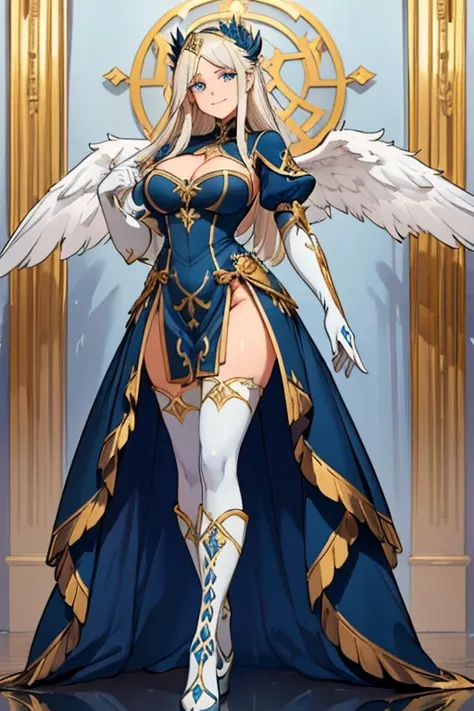 female, gold long hair with white trim, blue eyes, (((1girl))), (((bark blue regal dress with white and gold trim))), (dark blue gloves), (white stockings), (black metal boots), (wings shaped hairpins), cute and sexy, full body, huge breasts, long legs, sm...