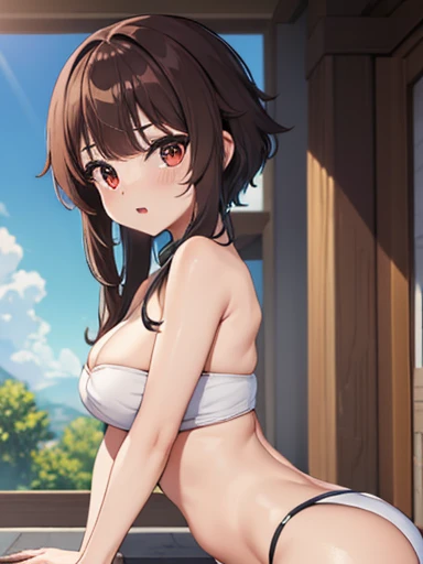 ((4k, obra-prima, best quality)), 1girl (Megumin), Cabelos castanhos claros, cabelos curtos, olhos vermelhos, mediuml breasts, fofo, corar, roupa de banho, summer