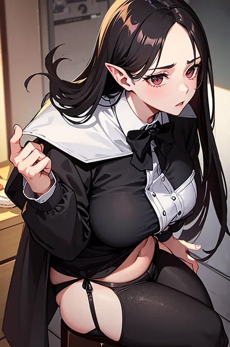 Brunette with long black hair that is tied with a hair garter and covers her forehead and ears, wears a buttoned outfit that shows a little of her medium brown breasts and wears black mini pants.