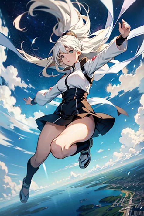 Anime girl with long white hair jumping , manga page with panels and dialogue 