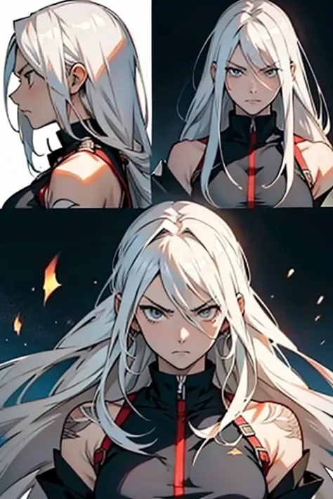 Anime girl with long white hair serious and angry face, highly detailed, manga page with panels and dialogue 