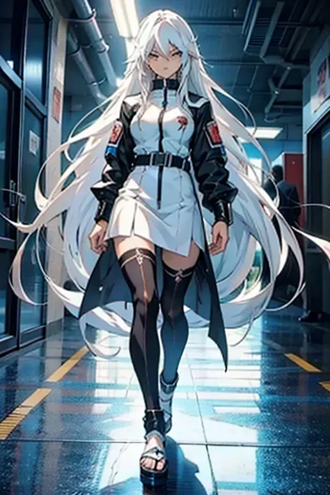 Anime girl with long white hair serious and angry face, highly detailed, full body shots, manga page with panels and dialogue 