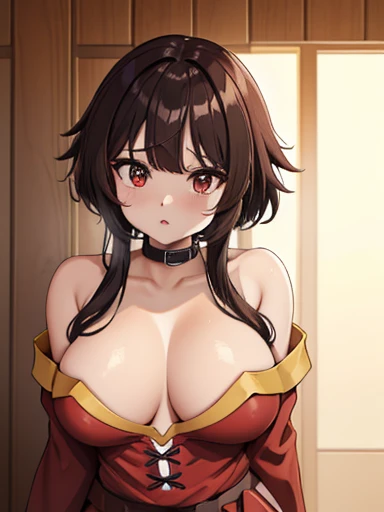 ((4k, obra-prima, best quality)), 1girl (Megumin), Cabelos castanhos claros, cabelos curtos, olhos vermelhos, mediuml breasts, fofo, corar, roupa de banho, summer