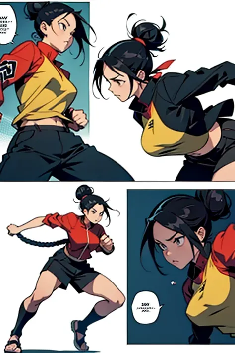 Anime girl with black hair in a bun, fighting, full body shots, manga page with panels and dialogue 