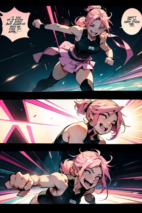 Anime girl with pink hair, laughing in insanity, fighting, full body shots, manga page with panels and dialogue 