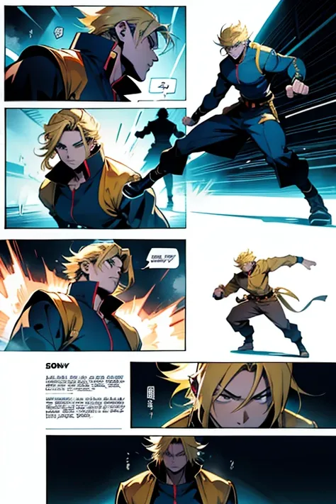 Anime guy with blonde hair, fighting, full body shots, manga page with panels and dialogue 