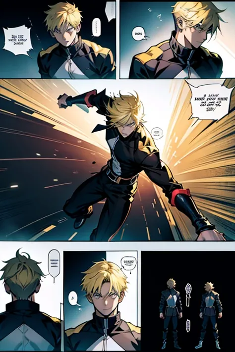 Slim Anime guy with blonde hair, fighting, full body shots, manga page with panels and dialogue 