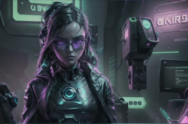 ((Best quality)), ((masterpiece)), (highly detailed:1.3), 3D, NeonNoir, beautiful cyberpunk woman, (wearing smart glasses with interactive lenses:1.2), wearing a metallic cape, navigating a complex network interface, GREEN NEON LIGHT FROM MONITOR, PURPLE N...