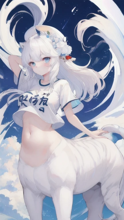 (best quality, masterpiece), 1 girl, centaur, It takes, White skin, belly button t-shirt, 아름다운 소녀 perfect white tiger photo, perfect white tiger photo