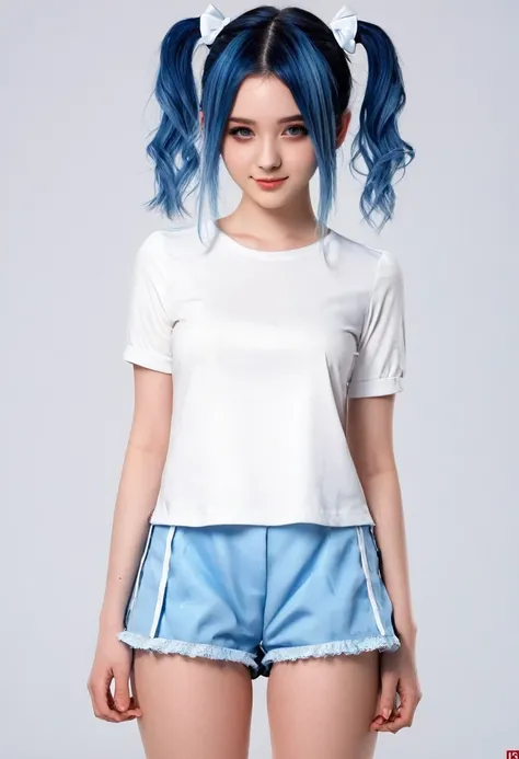 Masterpiece, top quality, ultra-definition, beautiful definition, one girl, solo, 15-year-old female, standing straight, full body, short sleeves, white eyes, blue hair, big twintails