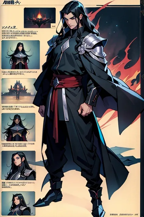 Evil Emperor with long black hair, full body shots, manga page with panels and dialogue 