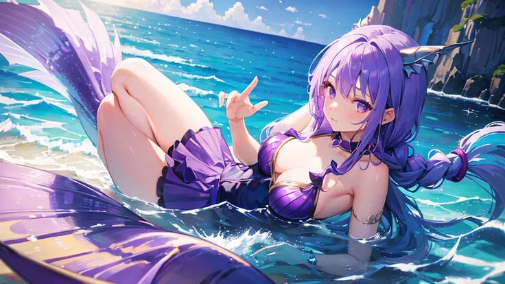 girl with purple hair, braid hair, purple eyes, fish ears, fish tail, mermaid tail, purple royal clothes, sky with star, sea, 8k resolution, sit in the sea, detail, mermaid