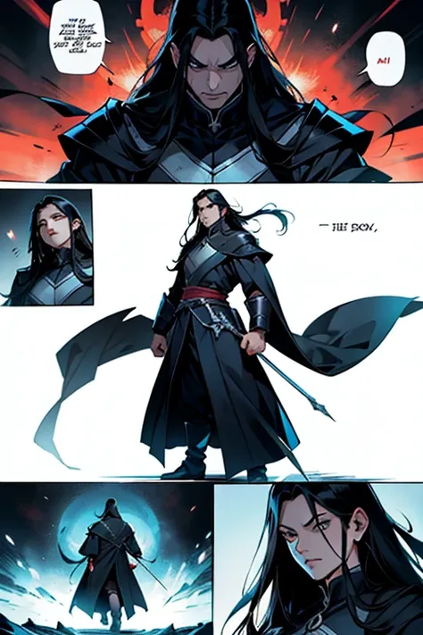 Evil, old Emperor with long black hair, fighting, full body shots, manga page with panels and dialogue 