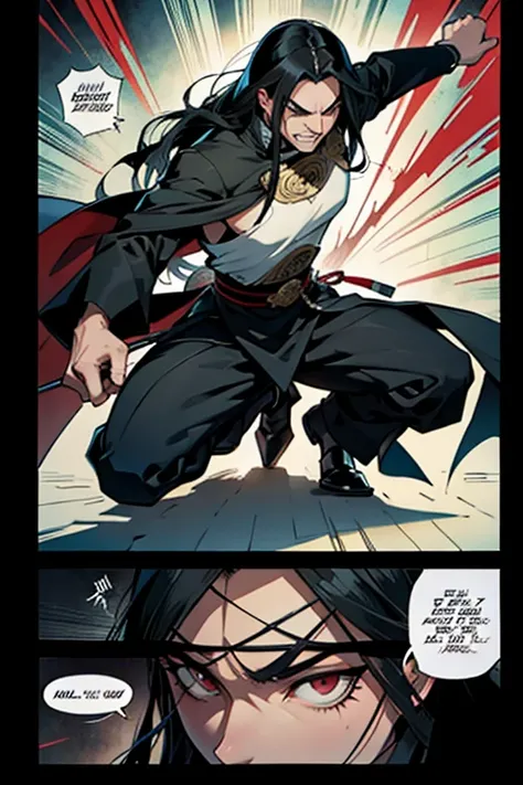 Evil, old Emperor with long black hair, fighting, full body shots, manga page with panels and dialogue 