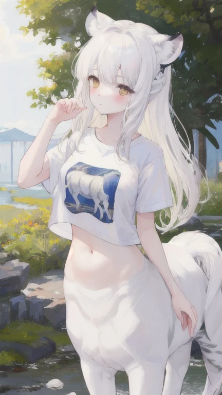 (best quality, masterpiece), 1 girl, centaur, It takes, White skin, belly button t-shirt, 아름다운 소녀 perfect white tiger photo, perfect white tiger photo