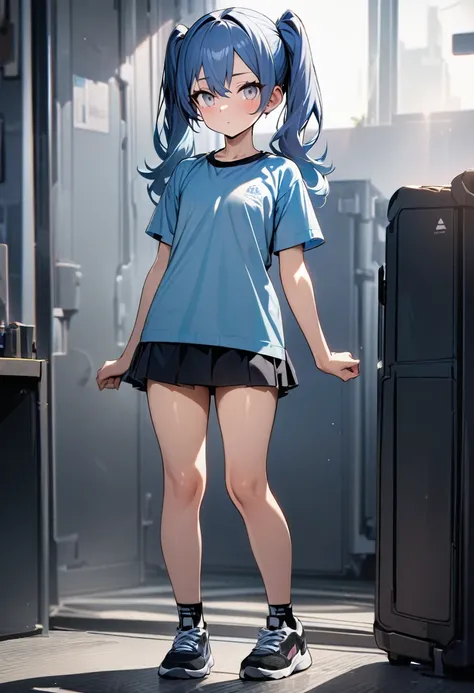 Masterpiece, top quality, ultra-definition, beautiful definition, one girl, solo, 15-year-old female, standing straight, full body, short sleeves, white eyes, blue hair, big twintails