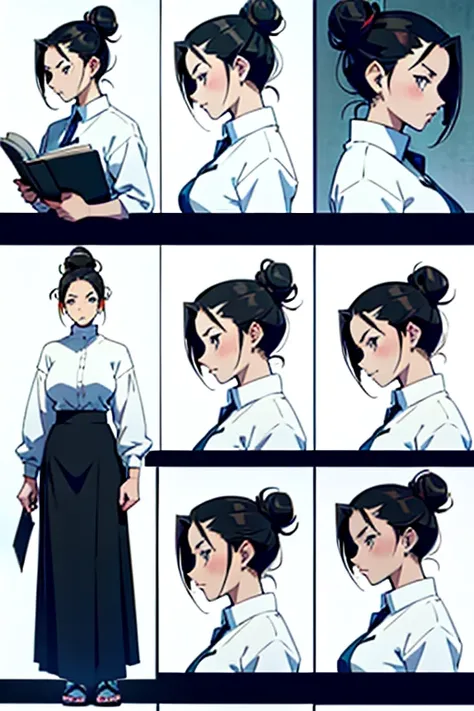 Anime girl with black hair in a bun, reading, full body shots, manga page with panels and dialogue 