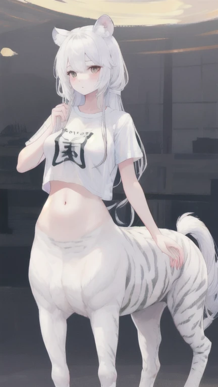 (best quality, masterpiece), 1 girl, centaur, It takes, White skin, belly button t-shirt, 아름다운 소녀 perfect white tiger photo, perfect white tiger photo