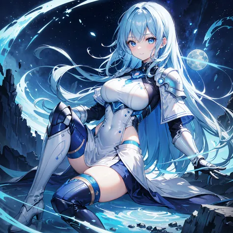 8k, highest quality, (real:1.4), Original photo, 1 girl, Asari Hair, Biological Amplifier, refined armor, posture: Peace talks between warring factions, smart blue eyes,A modest smile、Knee-high boots、Blue big moon and blue light swirl in the background、Blu...