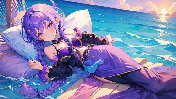 girl with purple hair, braid hair, purple eyes, fish ears, fish tail, mermaid tail, purple royal clothes, sky with star, sea, 8k resolution, sleep in the sea, detail, mermaid