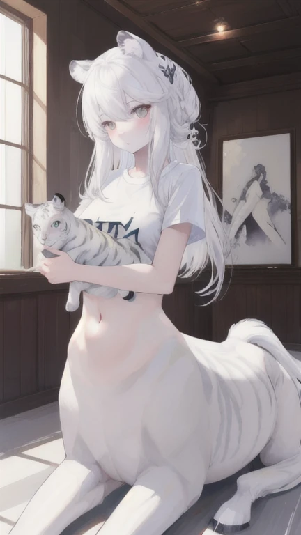 (best quality, masterpiece), 1 girl, centaur, It takes, White skin, belly button t-shirt, 아름다운 소녀 perfect white tiger photo, perfect white tiger photo