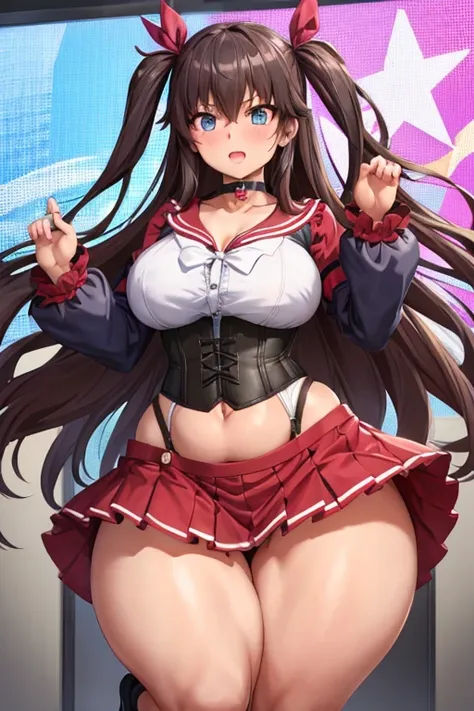 One Girl,Precise five fingers、{Knee-high socks}、(((Wide Hips)))、 (((plump and thick thighs)))、((Big Ass))、(Big Breasts) Embarrassed look,Short Stack、whole body、Sexy pose。blue eyes、Black Hair、quite long hair、Hair between the eyes、Hair Ribbon、Hello、choker、Id...