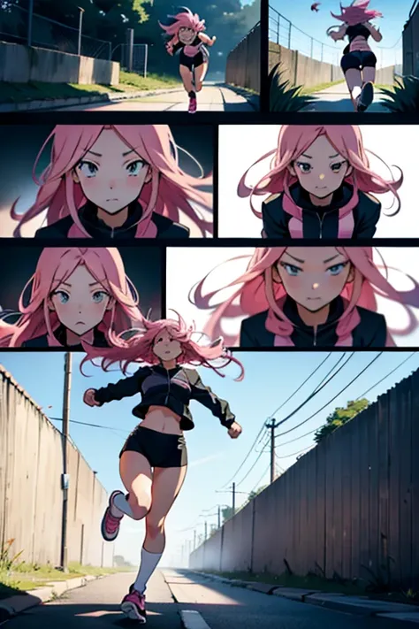 Anime girl with pink hair falling on her face while running, full body shots, manga page with panels and dialogue 