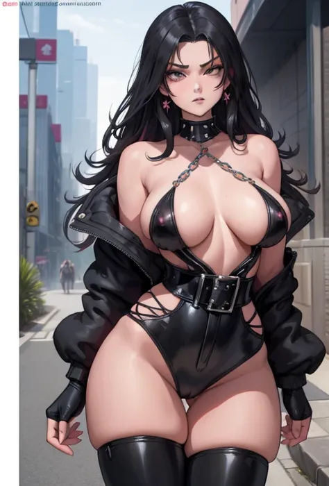 masterpiece, a beautiful girl, pink sparkly eyes, big leg thighs, wide waist, big , long legs, black jacket with spikes, micro bikini, black jeans with chains, sparkles and effects, gloves black without fingertips, irritated, thin waist, short abdomen, bac...