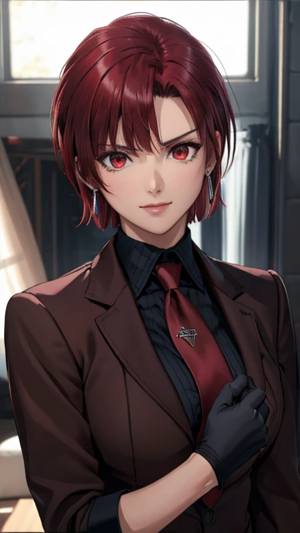 (masterpiece, best quality:1.2), bazett, fgo, 1girl, solo, short hair, red hair, bangs, red eyes,  large breasts, black gloves, formal suit, necktie, jacket, upper body, earrings, 