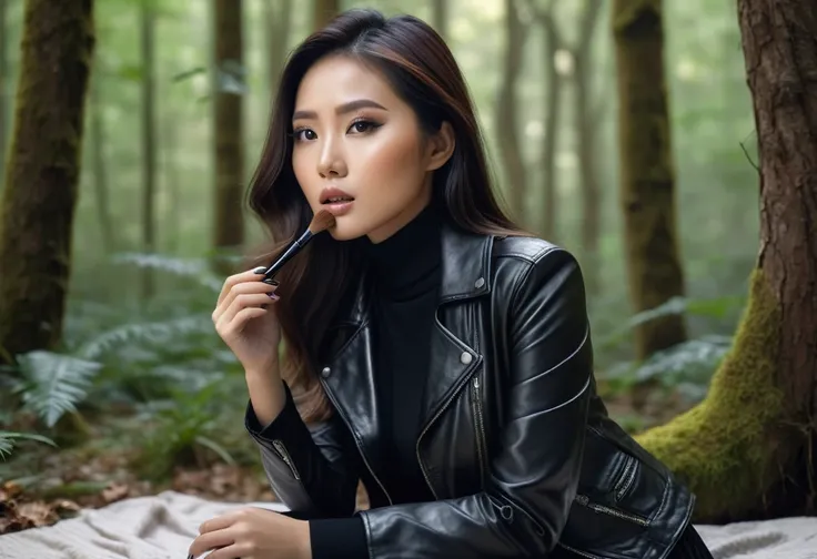 A beautiful Asian woman in a lush forest, applying makeup, wearing a turtleneck, skirt, and leather jacket, sitting on a pale blanket, her brunette hair flowing gracefully, (best quality, 4k, 8k, highres, masterpiece:1.2), ultra-detailed, (realistic, photo...