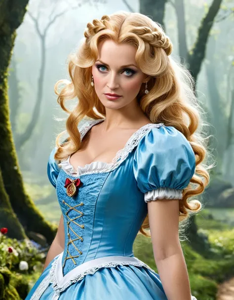 Belle Delphine as Alice in wonderland, blonde hair, mature female, looking serious, following a white rabbit running away, fairy tales, in fantasy style 