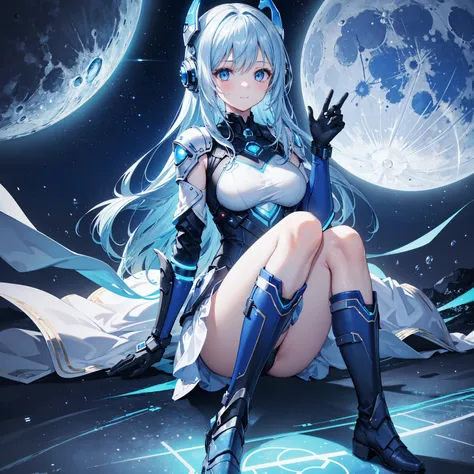 8k, highest quality, (real:1.4), Original photo, 1 girl, Asari Hair, Biological Amplifier, refined armor, posture: Peace talks between warring factions, smart blue eyes,A modest smile、Knee-high boots、Blue big moon and blue light swirl in the background、Blu...