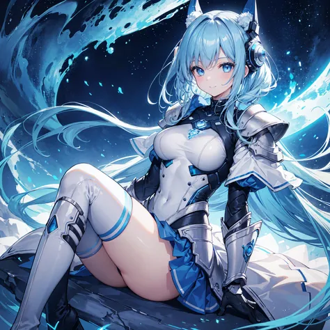 8k, highest quality, (real:1.4), Original photo, 1 girl, Asari Hair, Biological Amplifier, refined armor, posture: Peace talks between warring factions, smart blue eyes,A modest smile、Knee-high boots、Blue big moon and blue light swirl in the background、Blu...