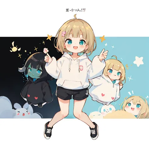 Momoko Sakura style, Kawaii Design, (((Many people々)))、The most beautiful girl of all time、Little, Blonde Hair、Short Mash Hair、The front hair is even、Turquoise Eyes、White hoodie、Black hot pants、Black sneakers、He has food stuffed in his cheeks and looks hap...