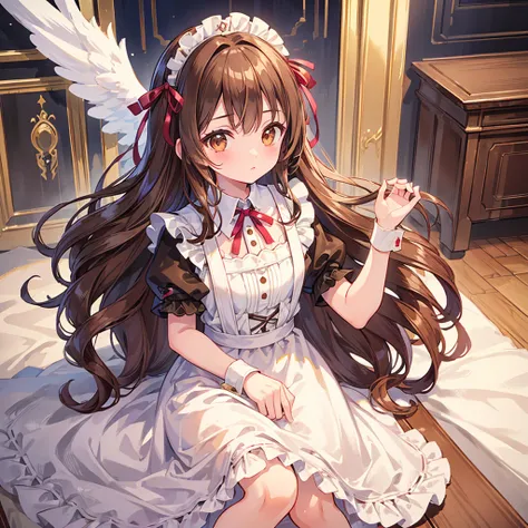 ((masterpiece)), ((highest quality)), ((super detailed)), pretty girl, brown long hair, beautiful brown eyes, maid clothes, ribb...