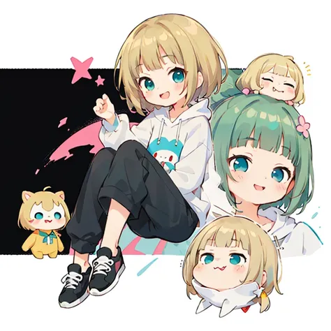 Momoko Sakura style, Kawaii Design, (((Many people々)))、The most beautiful girl of all time、Little, Blonde Hair、Short Mash Hair、The front hair is even、Turquoise Eyes、White hoodie、Black hot pants、Black sneakers、He has food stuffed in his cheeks and looks hap...