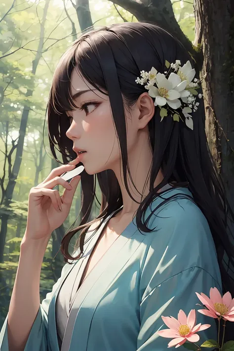 masterpiece ,highest quality, delicateな髪の美しい女性, Flowers, forest, early summer,profile,Fleeting,beauty,delicate,Cinematic,Japanese women,depression,profileのアップ,mature,Shiny woman,Downward Angle,Put one hand over your mouth