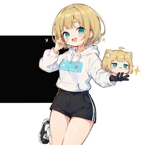 Momoko Sakura style, Kawaii Design, 、The most beautiful girl of all time、Little, Blonde Hair、Short Mash Hair、The front hair is even、Turquoise Eyes、White hoodie、Black hot pants、Black sneakers、He has food stuffed in his cheeks and looks happy.、breast enhance...