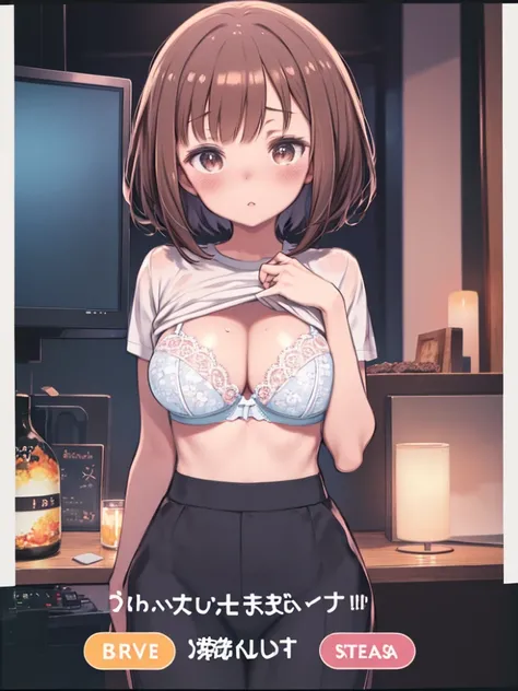 ((Table t○p, highest quality, Hi-Res Lucifer,Anime Screen Capture、Pixel perfect, 4K)))、Perfect Anatomy、(((Huge breasts)))、Sweat, (((Light blue floral lace bra))),(Brown eyes)、((Bobcut、amount))、((Brown hair)), ((((blush、Embarrassing))))、((White T-shirt、Lift...