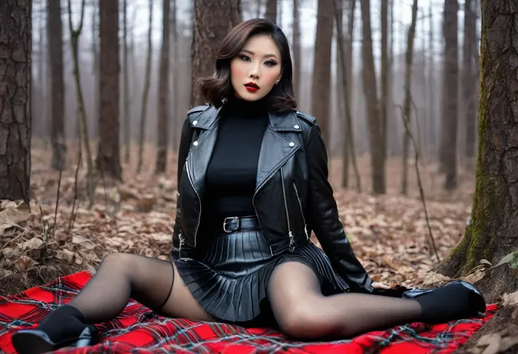 woman in forest, seductive makeup, makeup accessories:1.2, sitting on blanket, stockings with garters, turtleneck, skirt, leather biker jacket, heels, brunette, asian:0.4, 